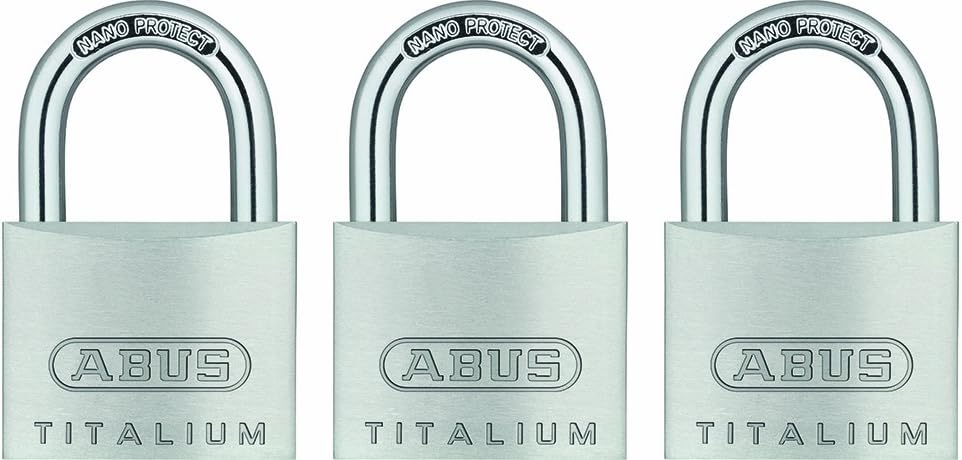 Pack of 3 ABUS 64TI/40 Titalium Aluminum Alloy Padlocks, Keyed Alike with Nano Protect Steel Shackle - WildKart