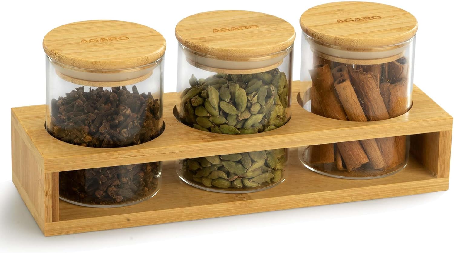 Pack of 3 AGARO Elite Borosilicate Glass Jars with Rack - 210 ml, Transparent Storage Containers for Kitchen Organization