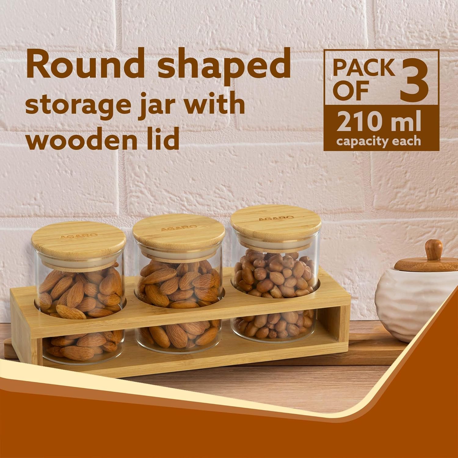 Pack of 3 AGARO Elite Borosilicate Glass Jars with Rack - 210 ml, Transparent Storage Containers for Kitchen Organization