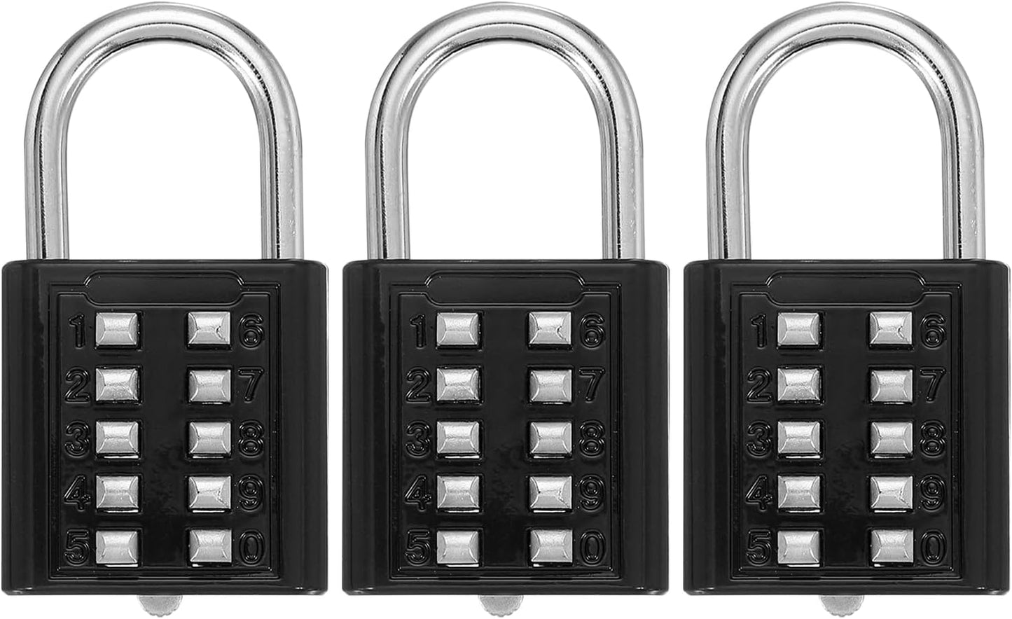 Pack of 3 MECCANIXITY 10-Digit Push Button Combination Padlocks for Locker, Gym, Cabinet - Black