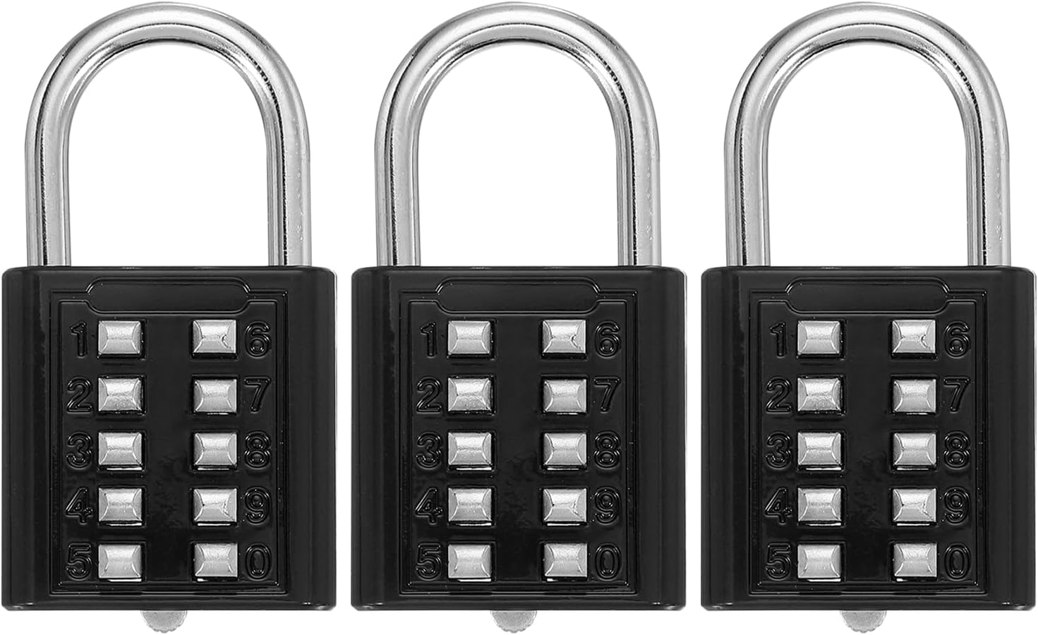 Pack of 3 MECCANIXITY 10-Digit Push Button Combination Padlocks for Locker, Gym, Cabinet - Black