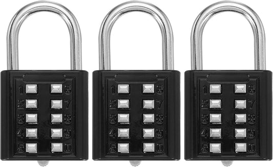 Pack of 3 MECCANIXITY 10-Digit Push Button Combination Padlocks for Locker, Gym, Cabinet - Black