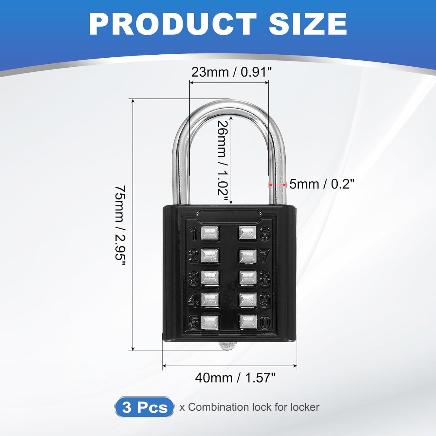 Pack of 3 MECCANIXITY 10-Digit Push Button Combination Padlocks for Locker, Gym, Cabinet - Black