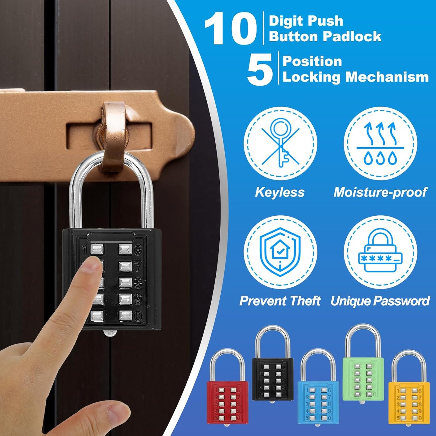 Pack of 3 MECCANIXITY 10-Digit Push Button Combination Padlocks for Locker, Gym, Cabinet - Black
