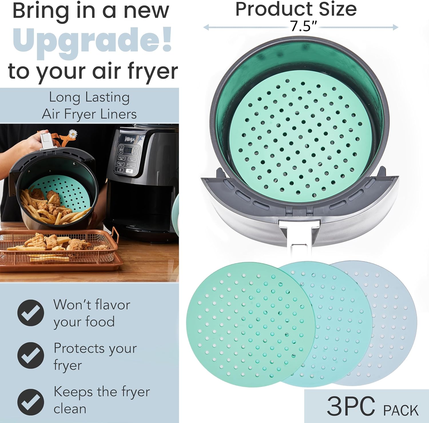 Pack of 3 Reusable 7.5 inch Round Air Fryer Silicone Liners for Ninja AF101 4QT Air Fryer - Non Stick & Flexible Mats for Oven - Waterproof & Non Slip Fryer Tray