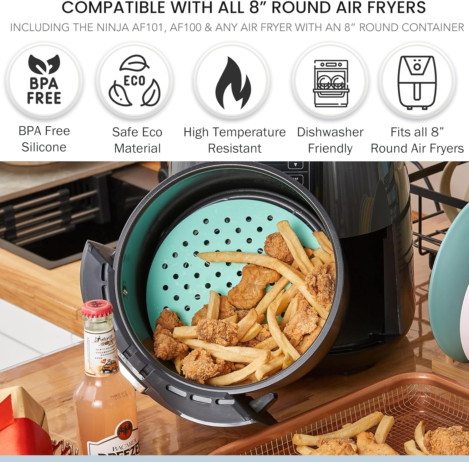 Pack of 3 Reusable 7.5 inch Round Air Fryer Silicone Liners for Ninja AF101 4QT Air Fryer - Non Stick & Flexible Mats for Oven - Waterproof & Non Slip Fryer Tray