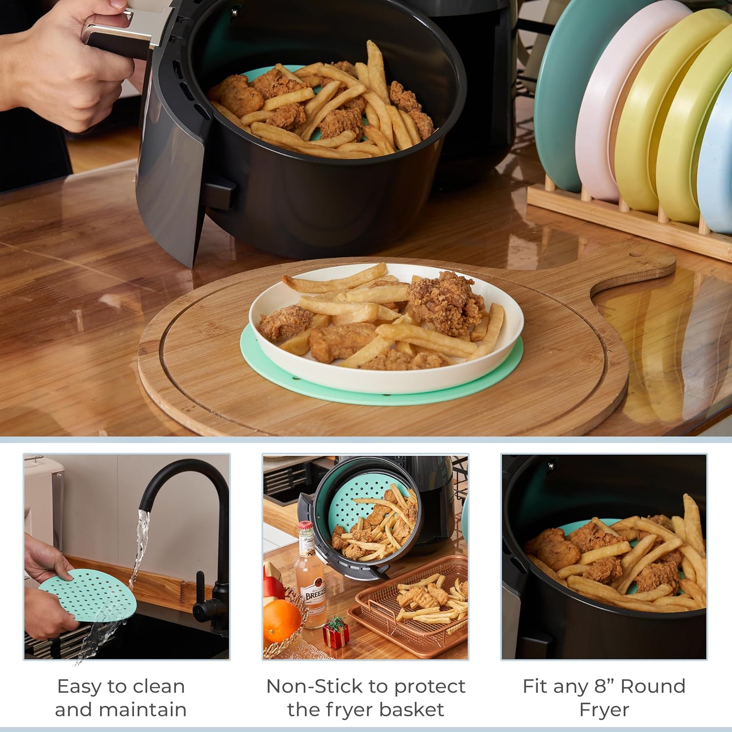 Pack of 3 Reusable 7.5 inch Round Air Fryer Silicone Liners for Ninja AF101 4QT Air Fryer - Non Stick & Flexible Mats for Oven - Waterproof & Non Slip Fryer Tray