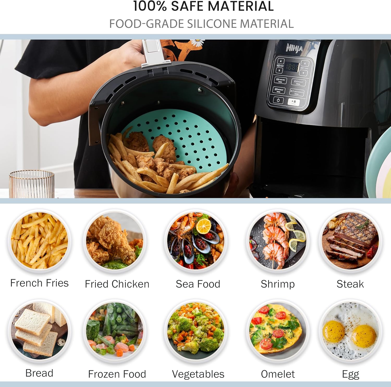 Pack of 3 Reusable 7.5 inch Round Air Fryer Silicone Liners for Ninja AF101 4QT Air Fryer - Non Stick & Flexible Mats for Oven - Waterproof & Non Slip Fryer Tray
