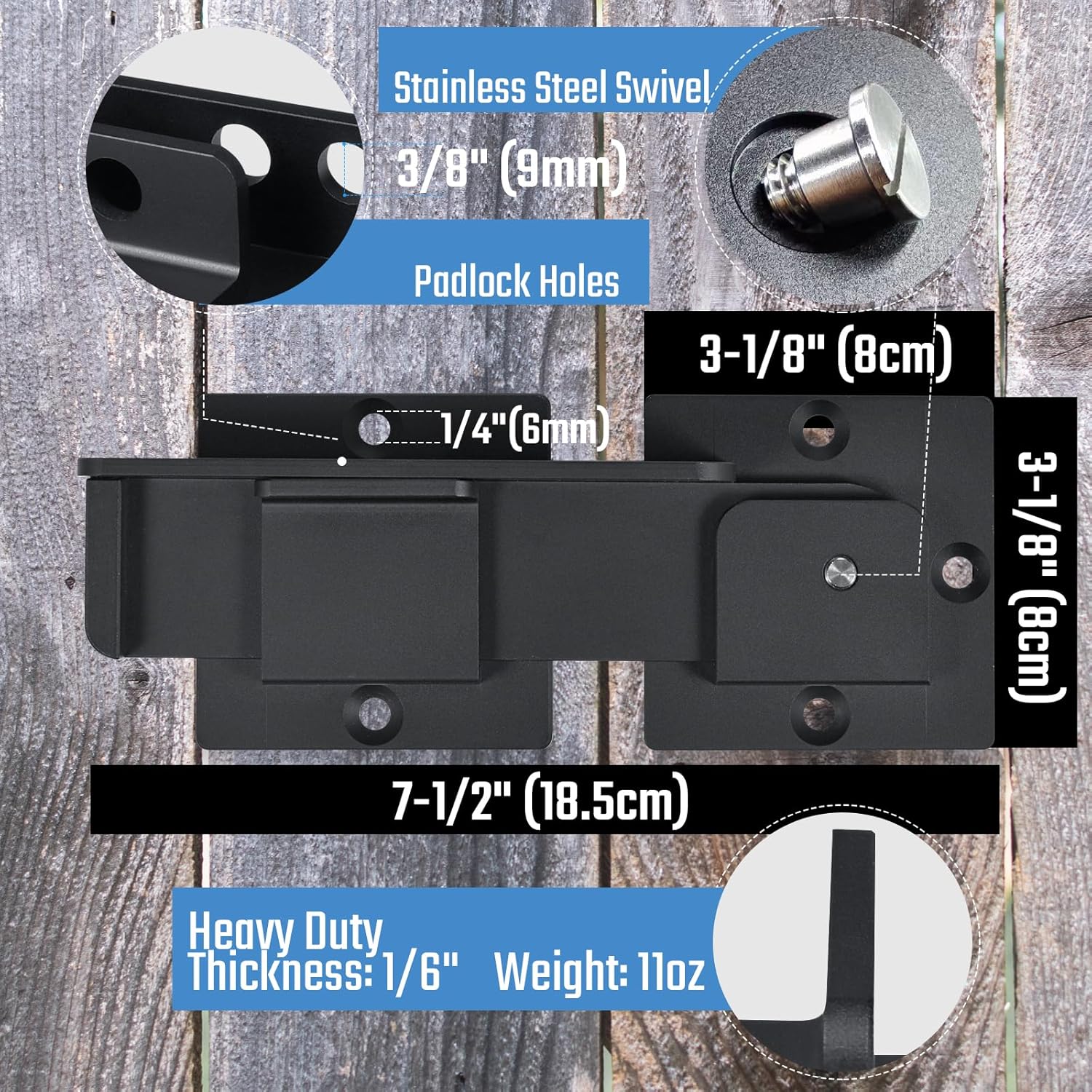 Pack of 3 Steinwhale 7.5" Flip Gate Latch Locks with Padlock Holes - Heavy Duty Aluminum Alloy Door Latches for Outdoor Wooden Fences, Swinging and Sliding Gates, Double Gates, Barns, Sheds, Vinyl Fences