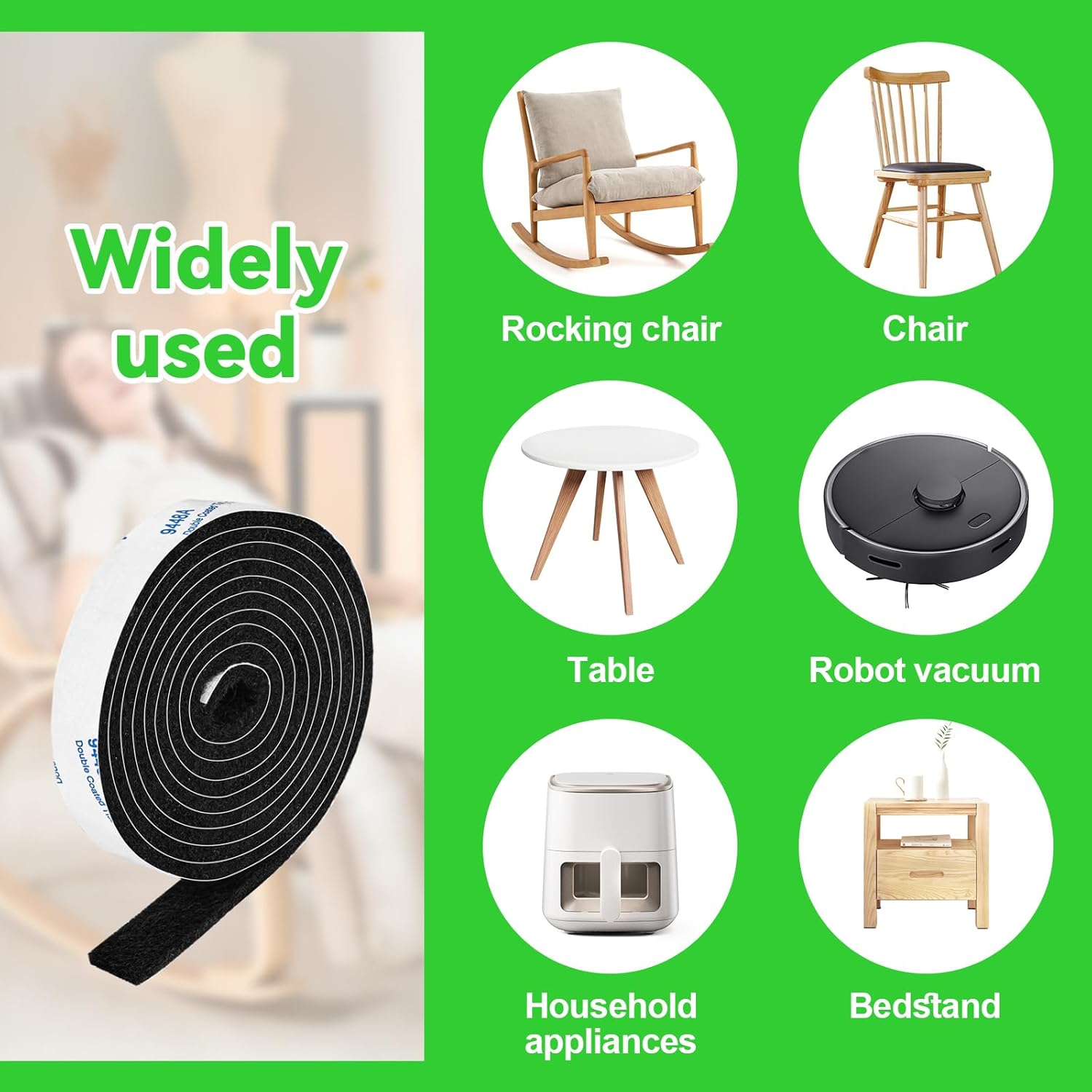Pack of 4 Adhesive Backed Black Felt Strips - 1/2x60 Inches - Furniture Protection Tape