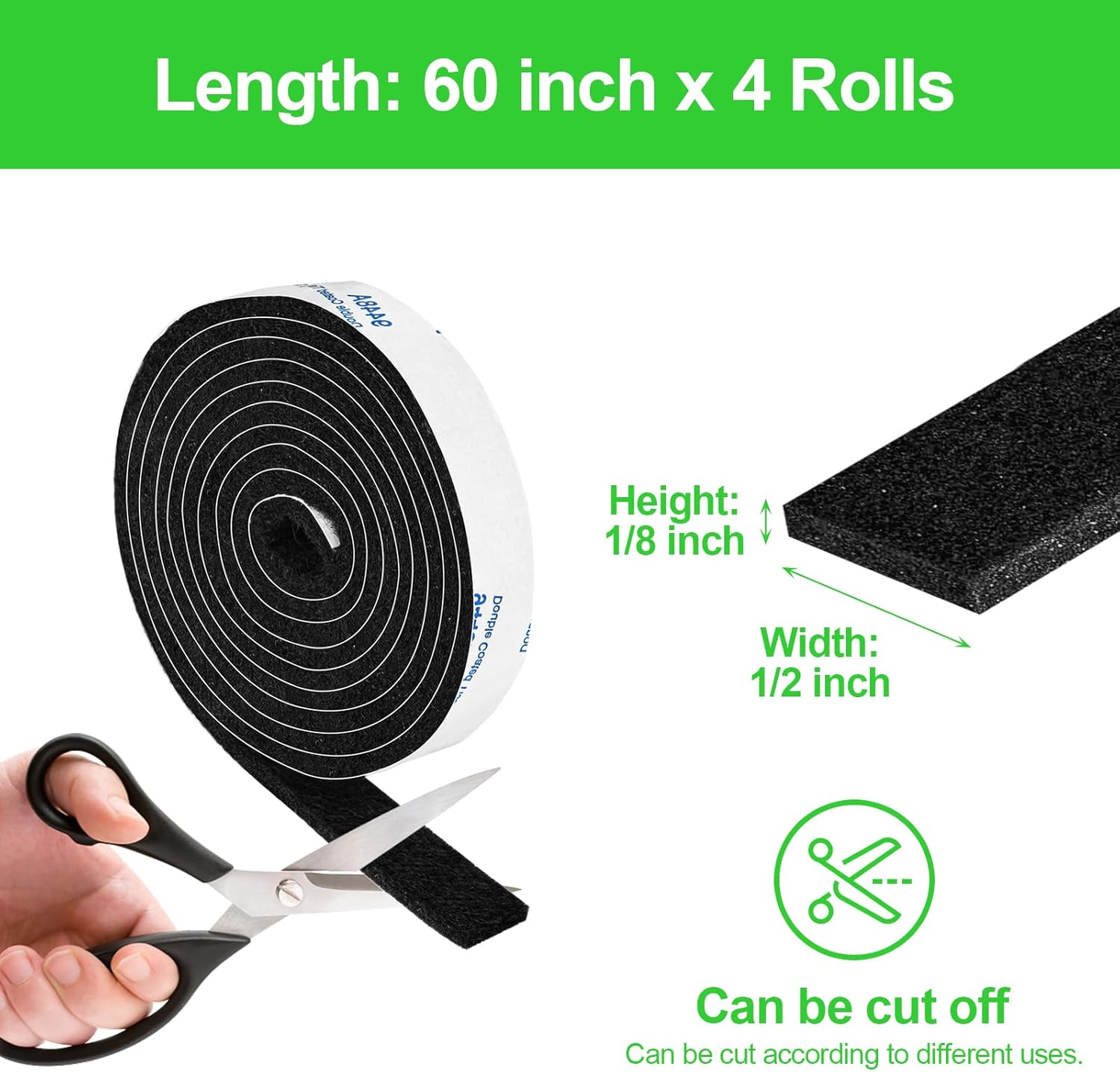 Pack of 4 Adhesive Backed Black Felt Strips - 1/2x60 Inches - Furniture Protection Tape