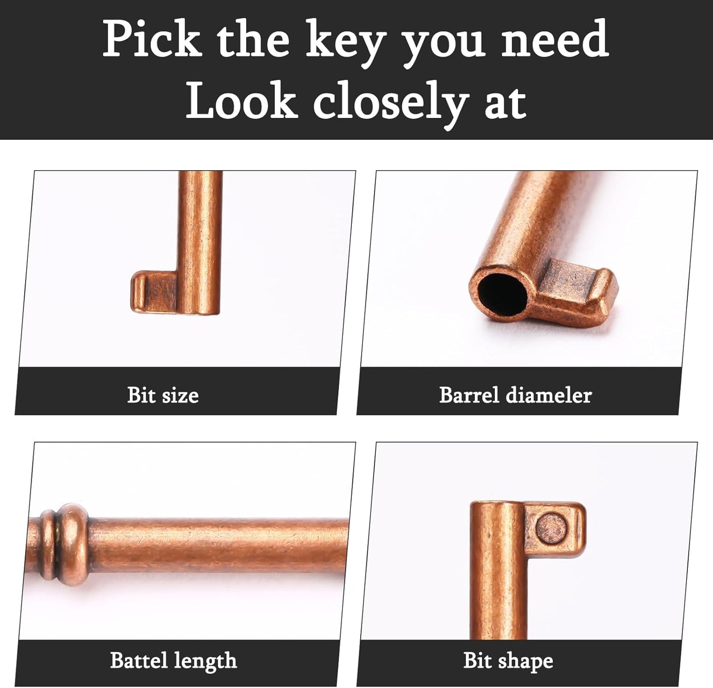 Pack of 4 Antique Brass Hollow Barrel Skeleton Keys - Universal Replacement for Vintage Furniture and Locks