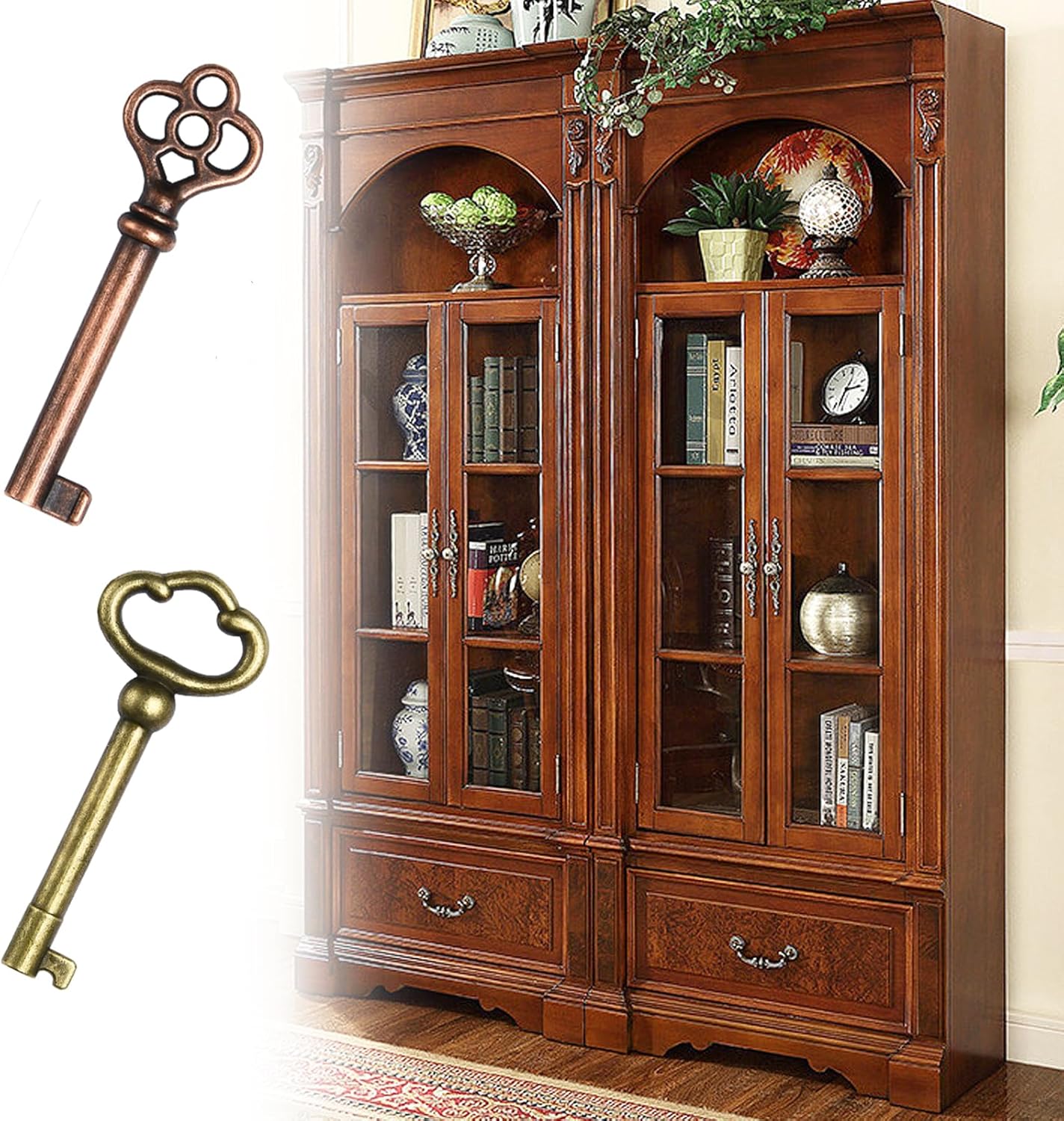 Pack of 4 Antique Brass Hollow Barrel Skeleton Keys - Universal Replacement for Vintage Furniture and Locks