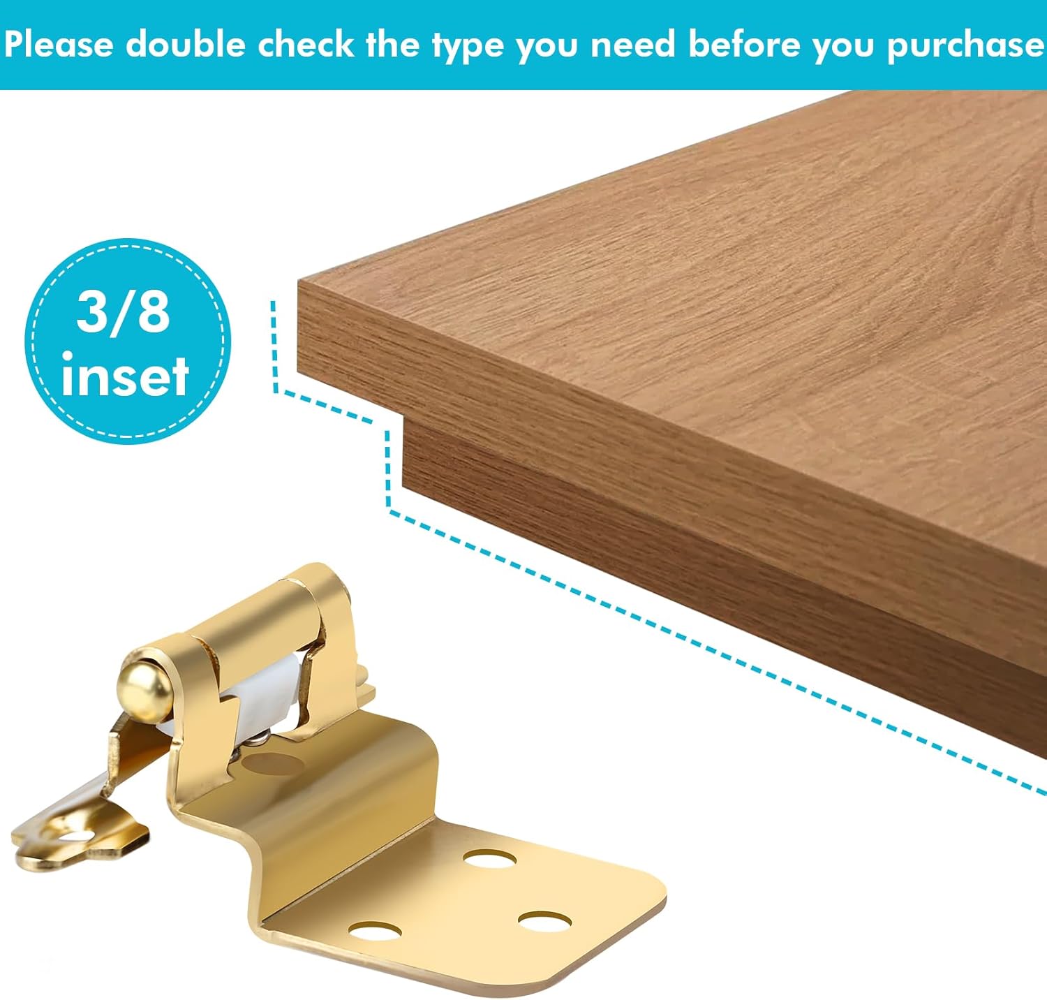 Pack of 50 Gold Semi-Concealed Self Closing Cabinet Hinges for Furniture Doors with Screws, 3/8 inch Size