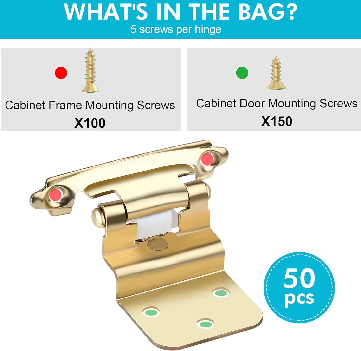 Pack of 50 Gold Semi-Concealed Self Closing Cabinet Hinges for Furniture Doors with Screws, 3/8 inch Size