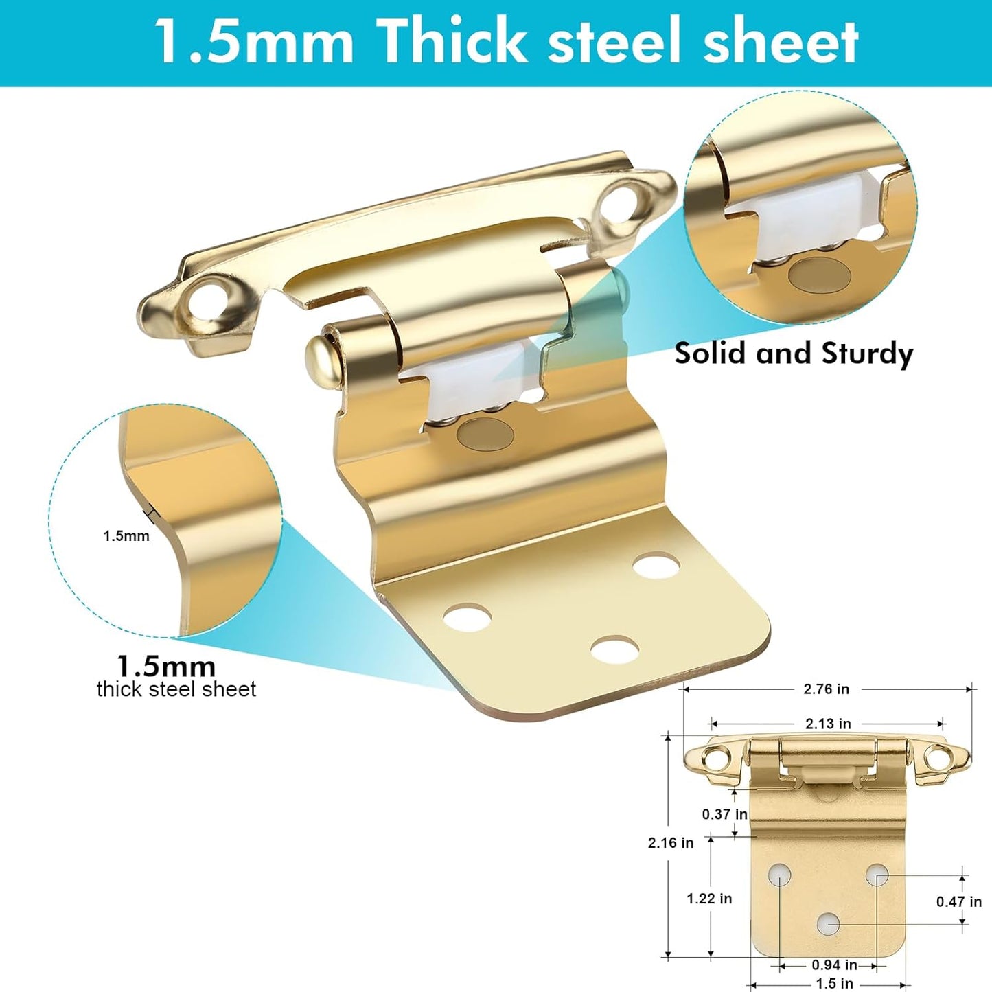 Pack of 50 Gold Semi-Concealed Self Closing Cabinet Hinges for Furniture Doors with Screws, 3/8 inch Size