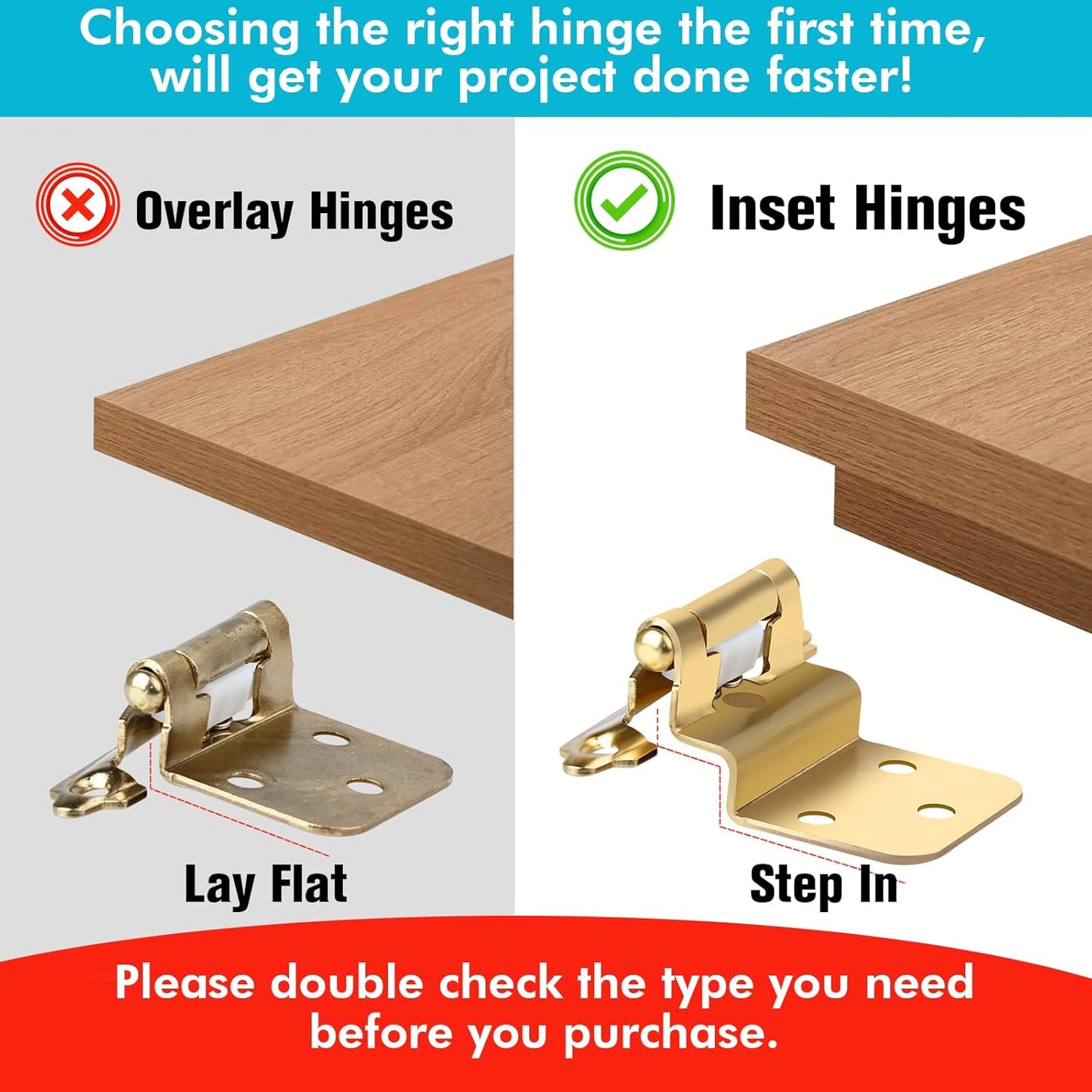 Pack of 50 Gold Semi-Concealed Self Closing Cabinet Hinges for Furniture Doors with Screws, 3/8 inch Size