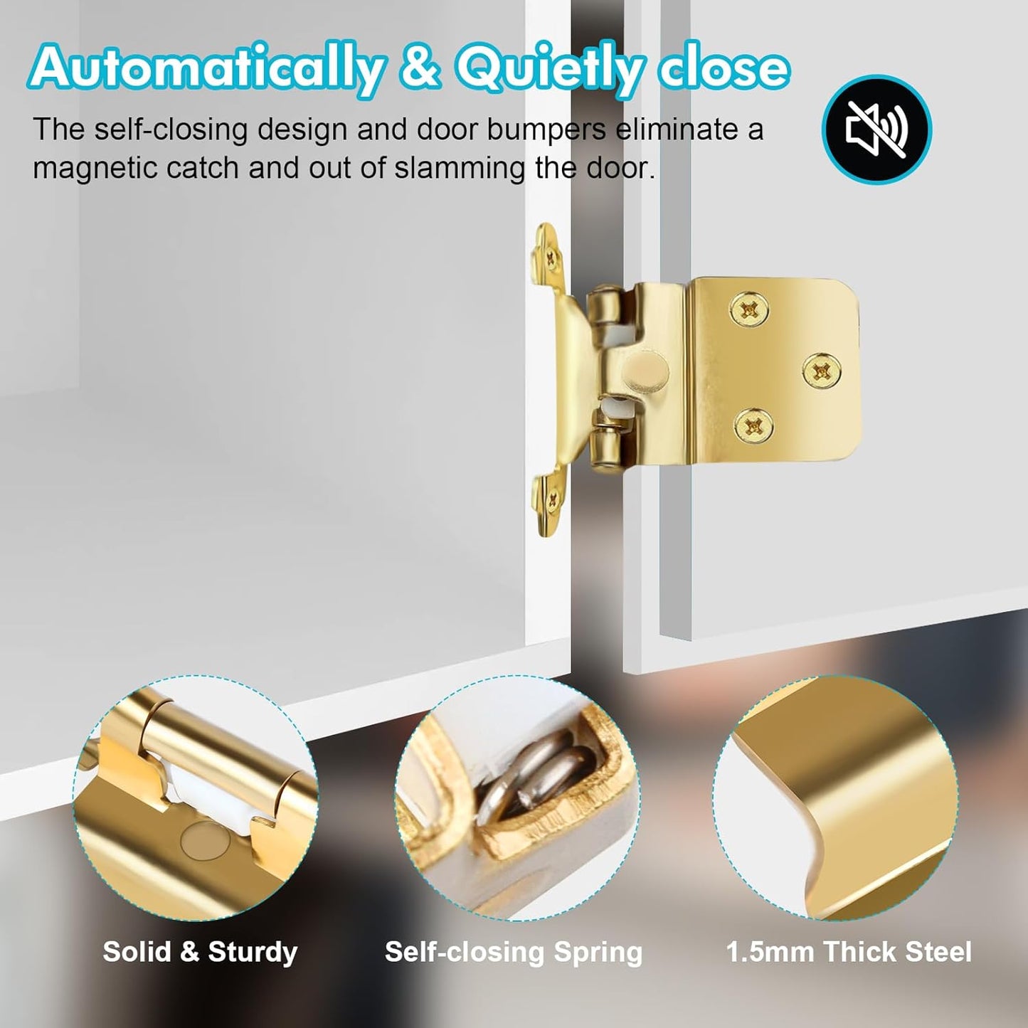Pack of 50 Gold Semi-Concealed Self Closing Cabinet Hinges for Furniture Doors with Screws, 3/8 inch Size