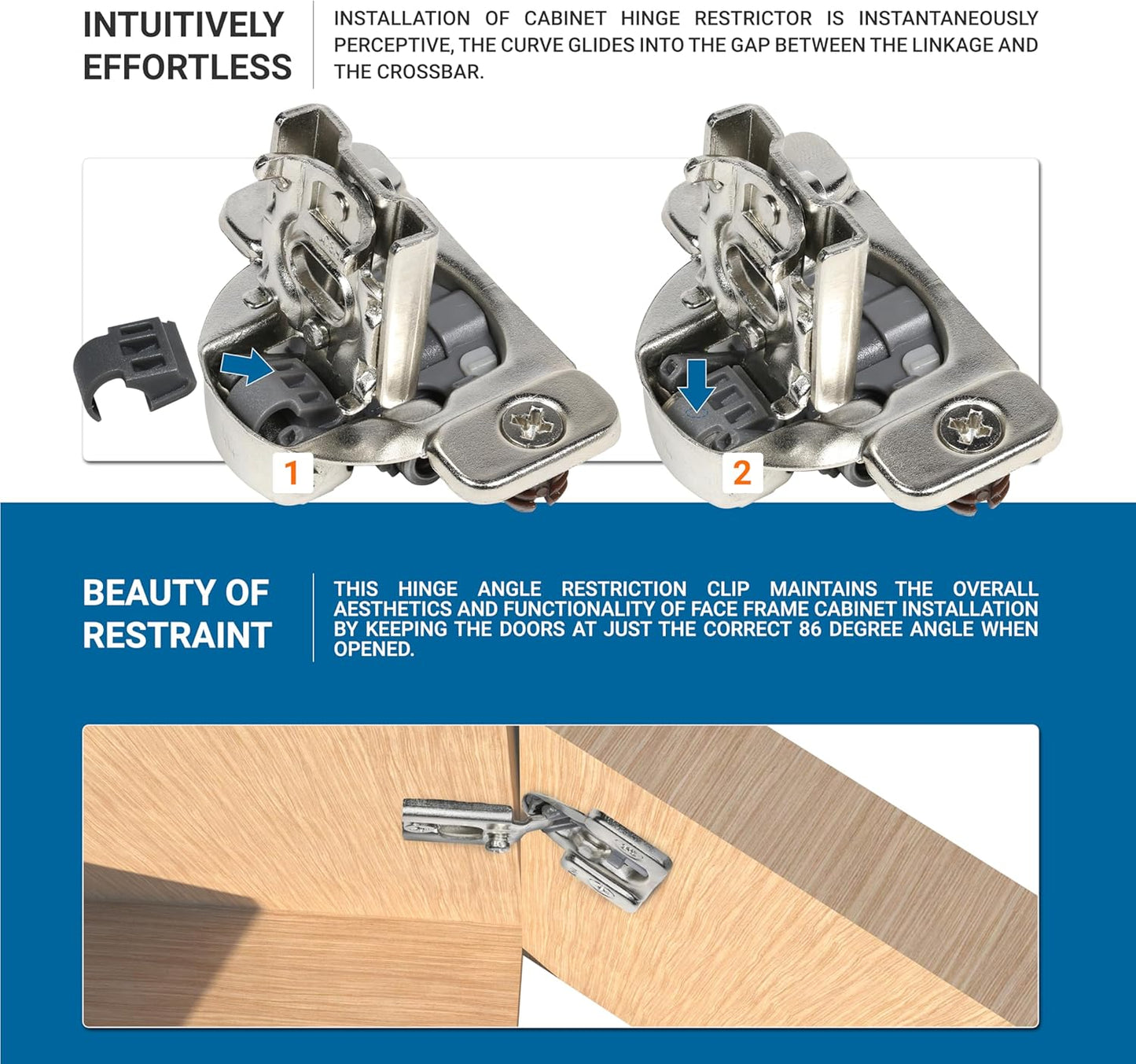 Pack of 50 Rok Hardware Angle Restrictor Clips for Face Frame Hinges - 86 Degree Kitchen Cabinet Door Restraints - NEH89