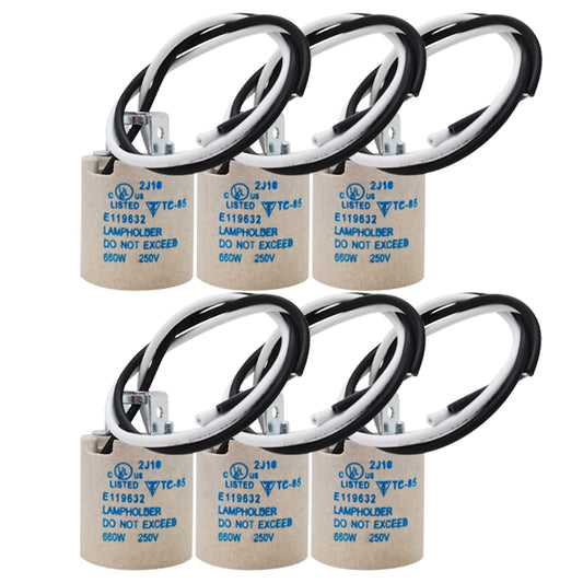 Pack of 6 ECHENLED JX-970F E26 Ceramic Light Sockets with Wire Lead for Halogen, Incandescent, and LED Bulbs