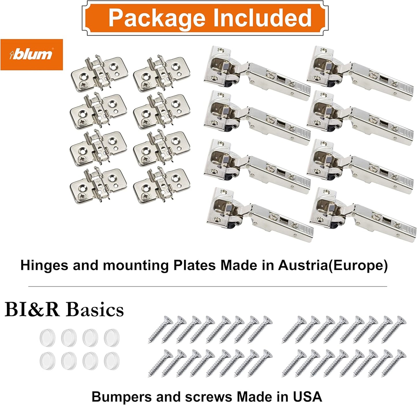 Pack of 8 Blum 110 Degree Soft Close Hinges for Full Overlay Frameless Cabinets