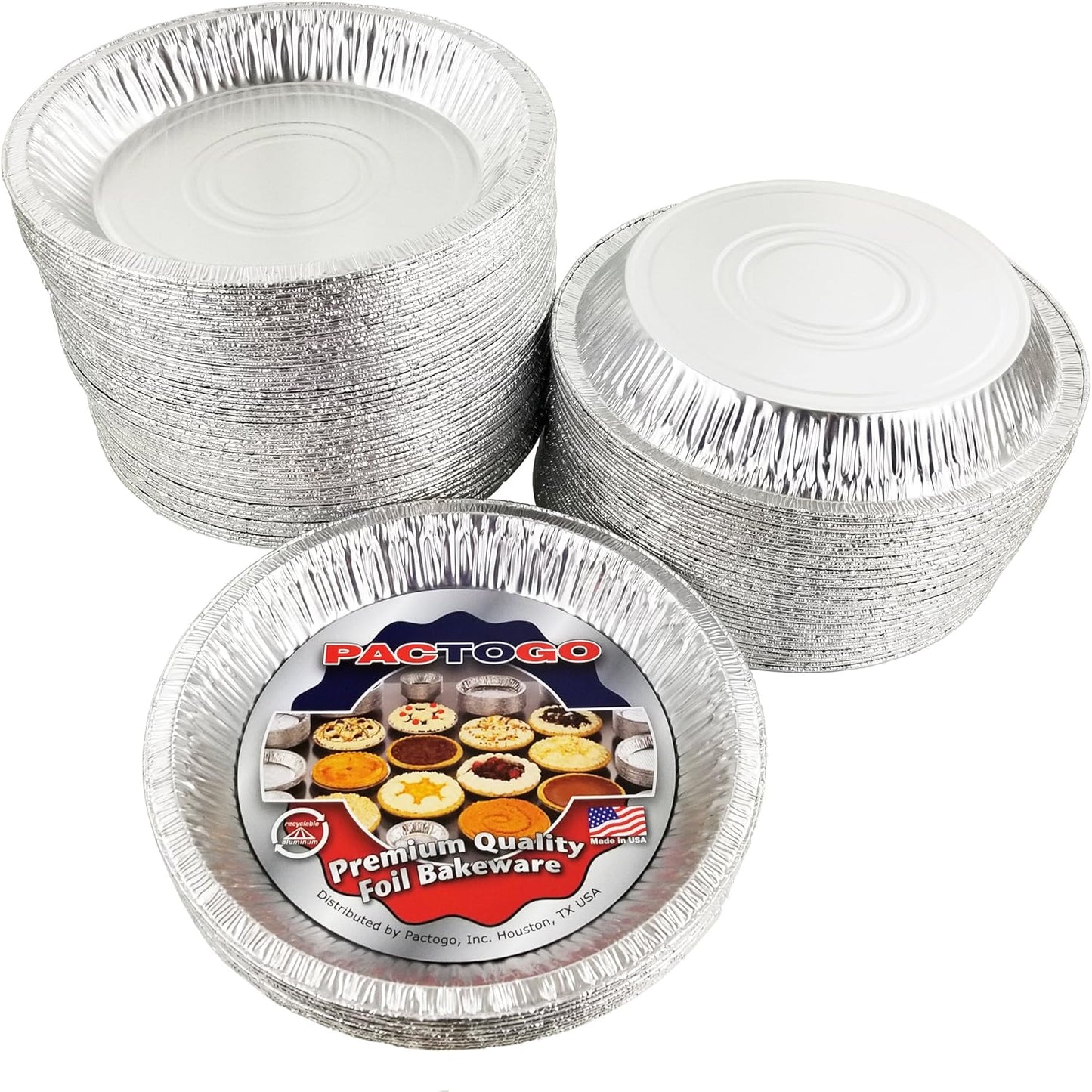 Pactogo Disposable Aluminum Foil Pie Pans - 9-5/8" Top-Out, 8-3/4" Top-In, 1-3/16" Depth - Pack of 100