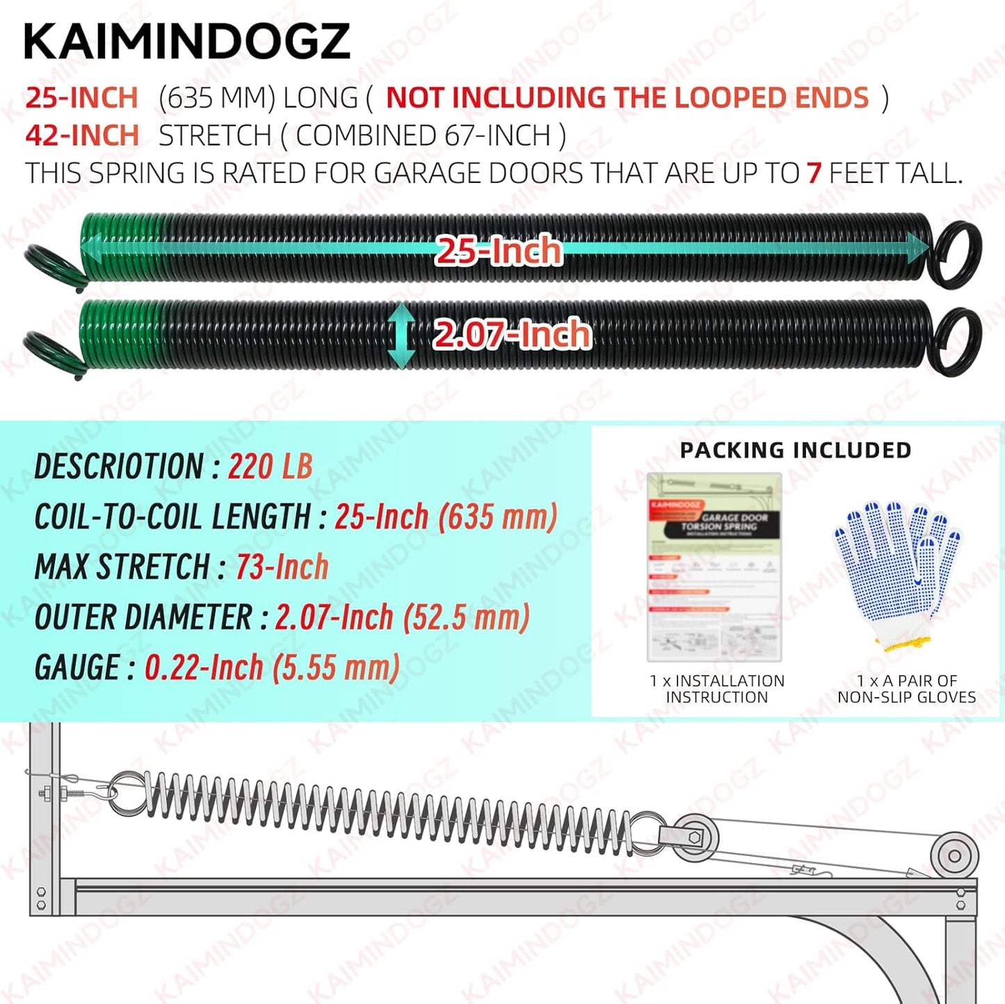 Pair of 220lb. Heavy Duty Garage Door Extension Springs - 25" Long, Double Loop Ends - High Precision Black Coated Springs for 7ft High Doors