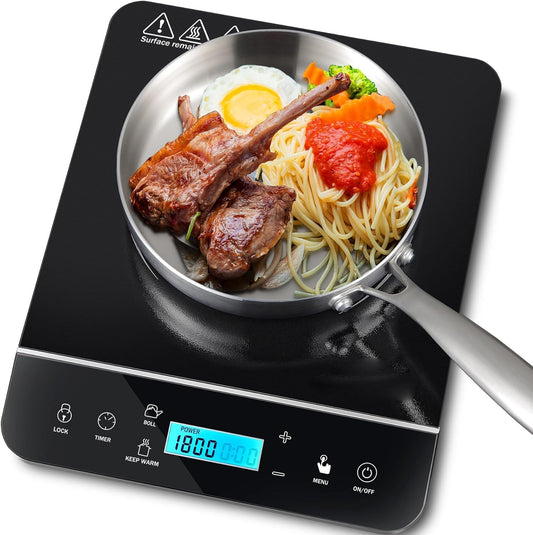 Panana Portable Induction Cooktop Burner 1800W with 10 Temp Levels and Auto-Shut-Off - Touch Panel, LED Display, Child Safety Lock - Blue LCD Screen Display 1