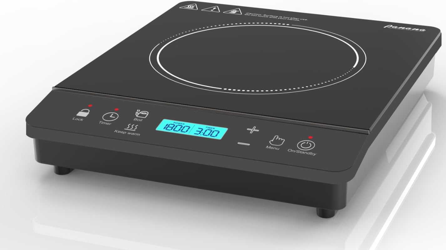 Panana Portable Induction Cooktop Burner 1800W with 10 Temp Levels and Auto-Shut-Off - Touch Panel, LED Display, Child Safety Lock - Blue LCD Screen Display 1
