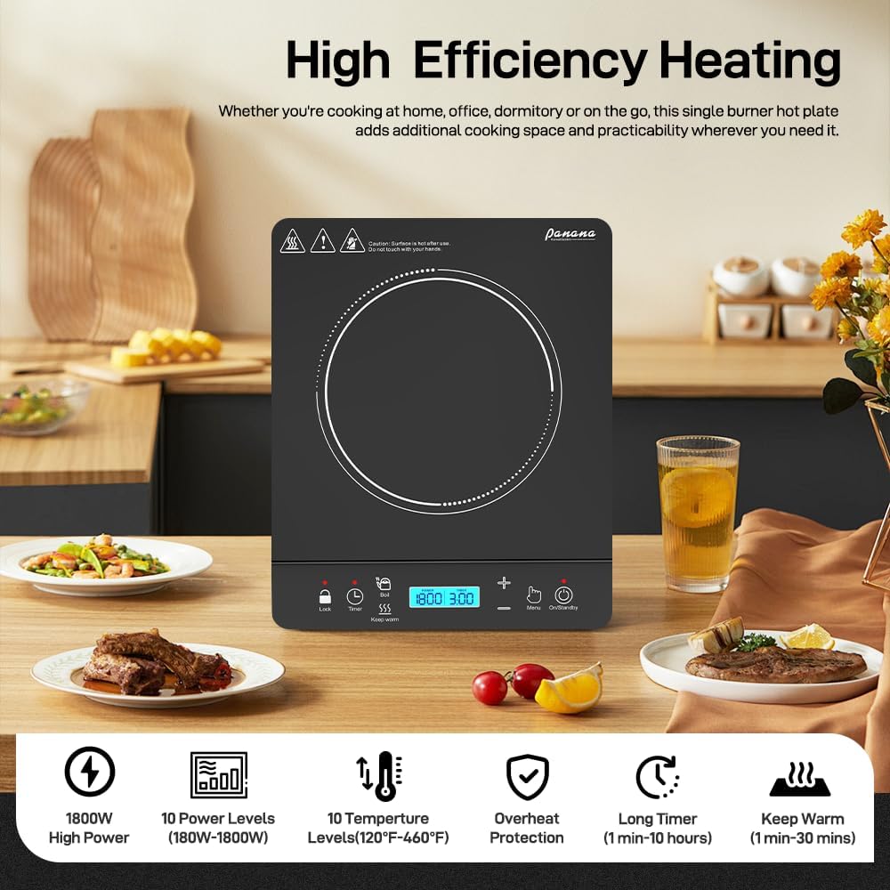 Panana Portable Induction Cooktop Burner 1800W with 10 Temp Levels and Auto-Shut-Off - Touch Panel, LED Display, Child Safety Lock - Blue LCD Screen Display 1
