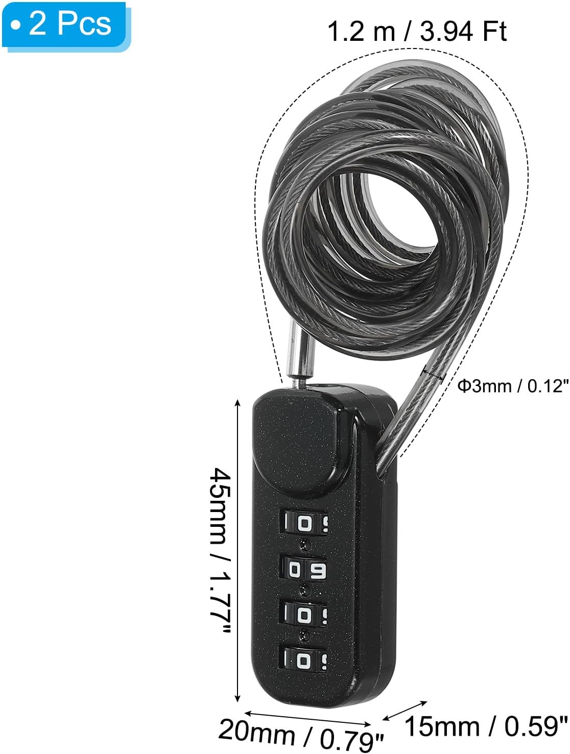 PATIKIL 2 Pack 4 Digit Combination Lock, Helmet Padlock Cable Lock Gym Locker Lock with 3.94Ft Flexible Security Steel Lock Wire for Bike Locker Travel Luggage, Black