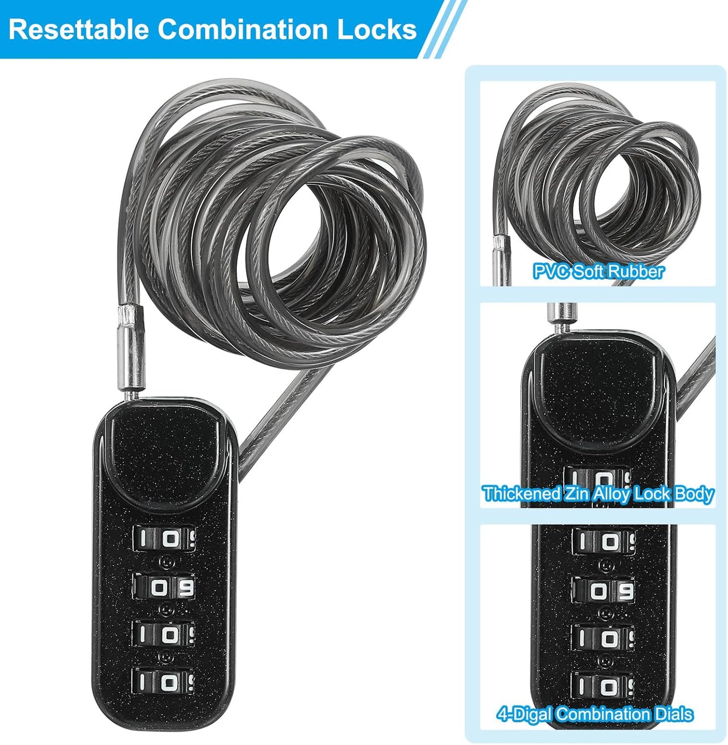 PATIKIL 2 Pack 4 Digit Combination Lock, Helmet Padlock Cable Lock Gym Locker Lock with 3.94Ft Flexible Security Steel Lock Wire for Bike Locker Travel Luggage, Black