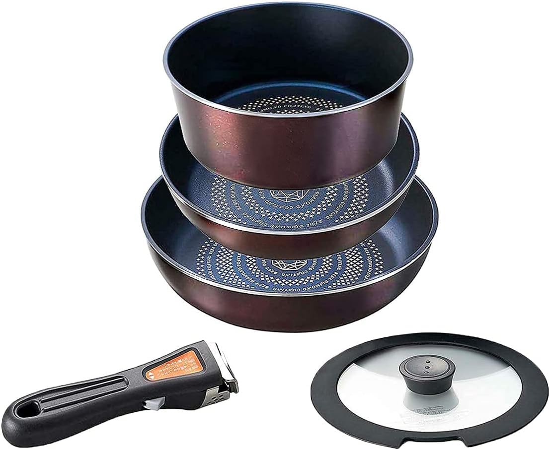 Pearl Metal HB-3497 5-Piece Frying Pan & Pot Set, Induction Compatible, Brown Diamond Coat, Removable Handle