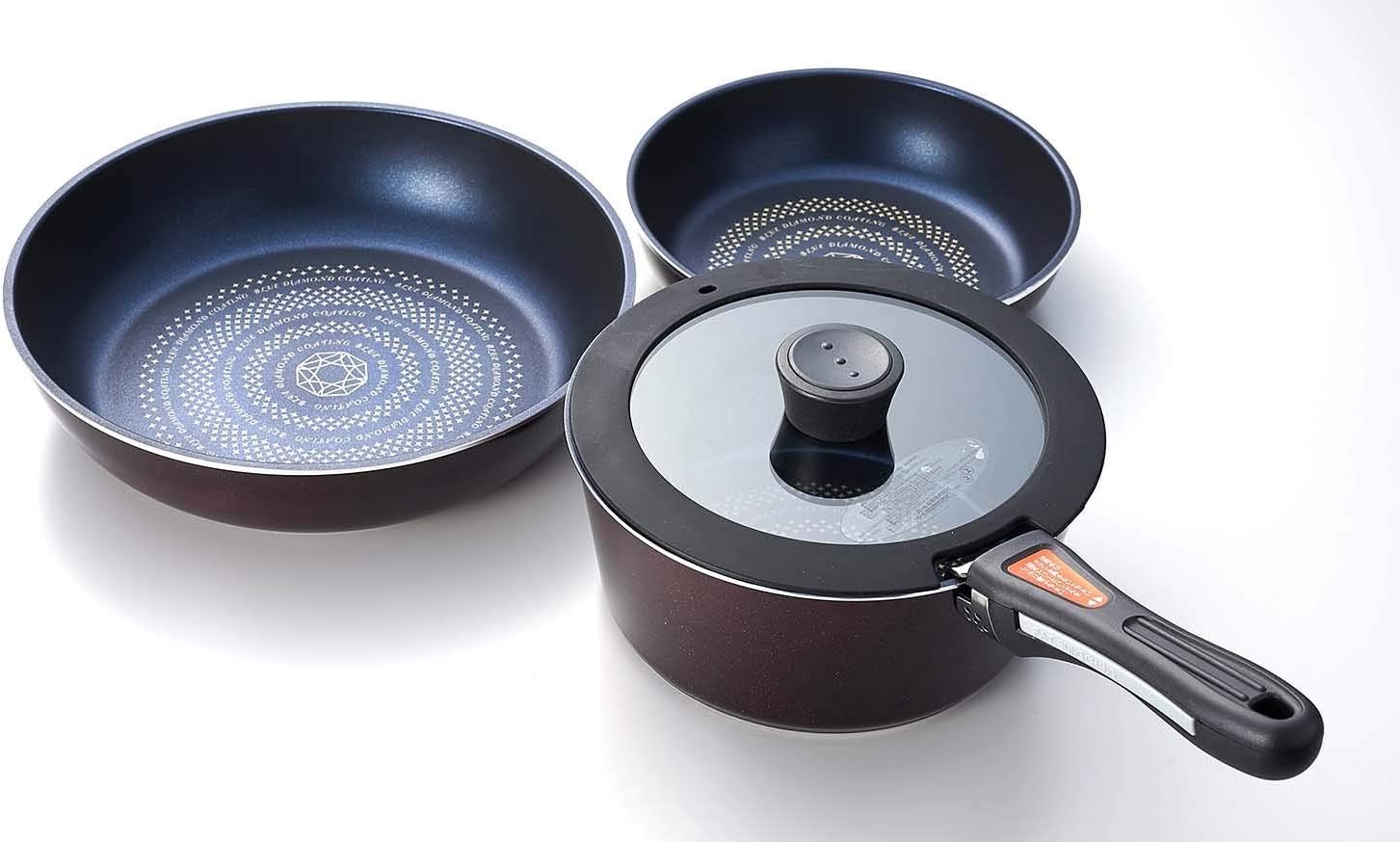 Pearl Metal HB-3497 5-Piece Frying Pan & Pot Set, Induction Compatible, Brown Diamond Coat, Removable Handle