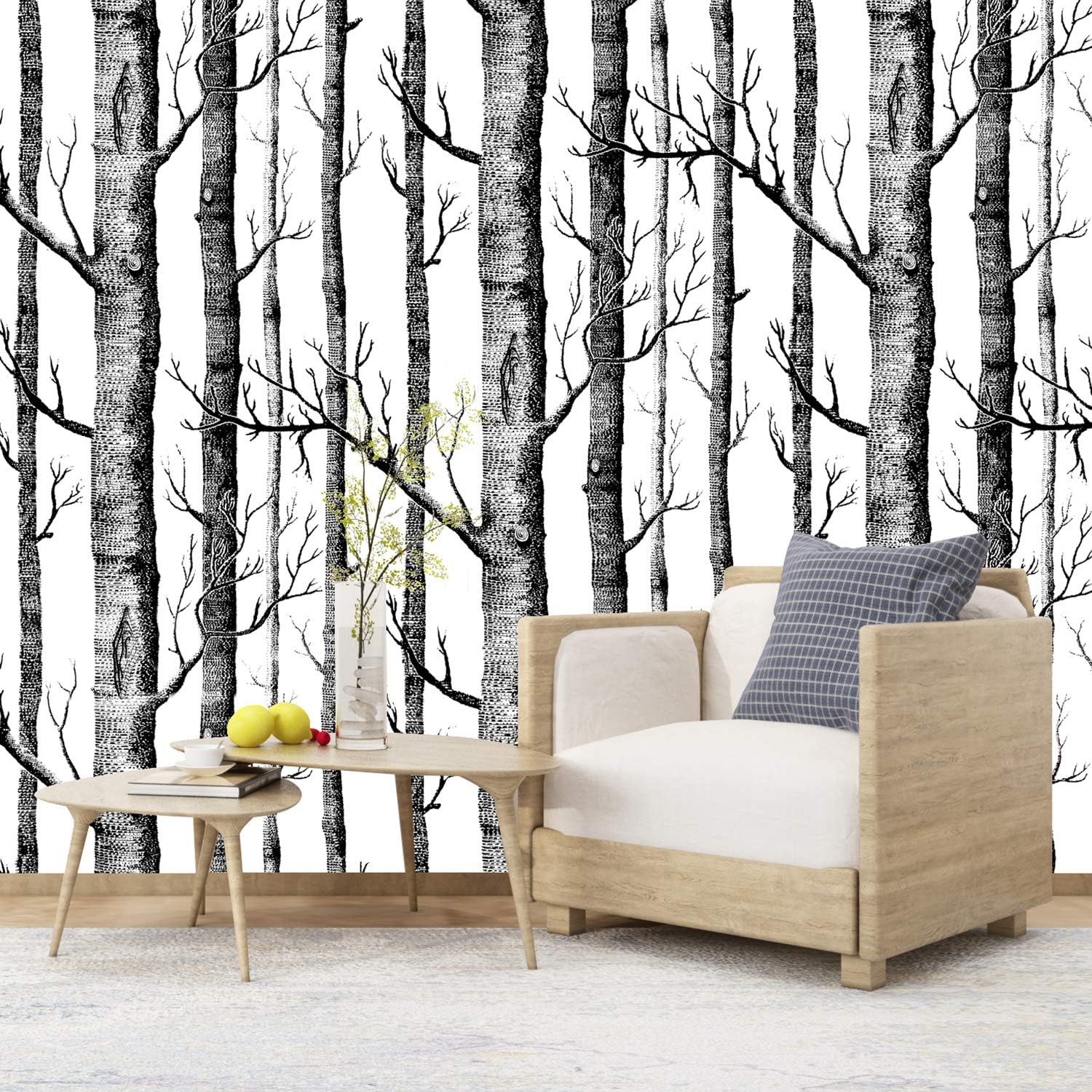 Peel and Stick Birch Tree Wallpaper - Black Trunk, Self Adhesive, Waterproof, Removable - Ideal for Bedroom, Living Room, Shelf Décor - 17.71" x 78.7