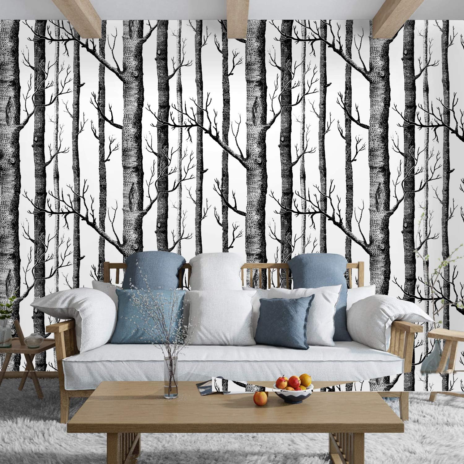 Peel and Stick Birch Tree Wallpaper - Black Trunk, Self Adhesive, Waterproof, Removable - Ideal for Bedroom, Living Room, Shelf Décor - 17.71" x 78.7