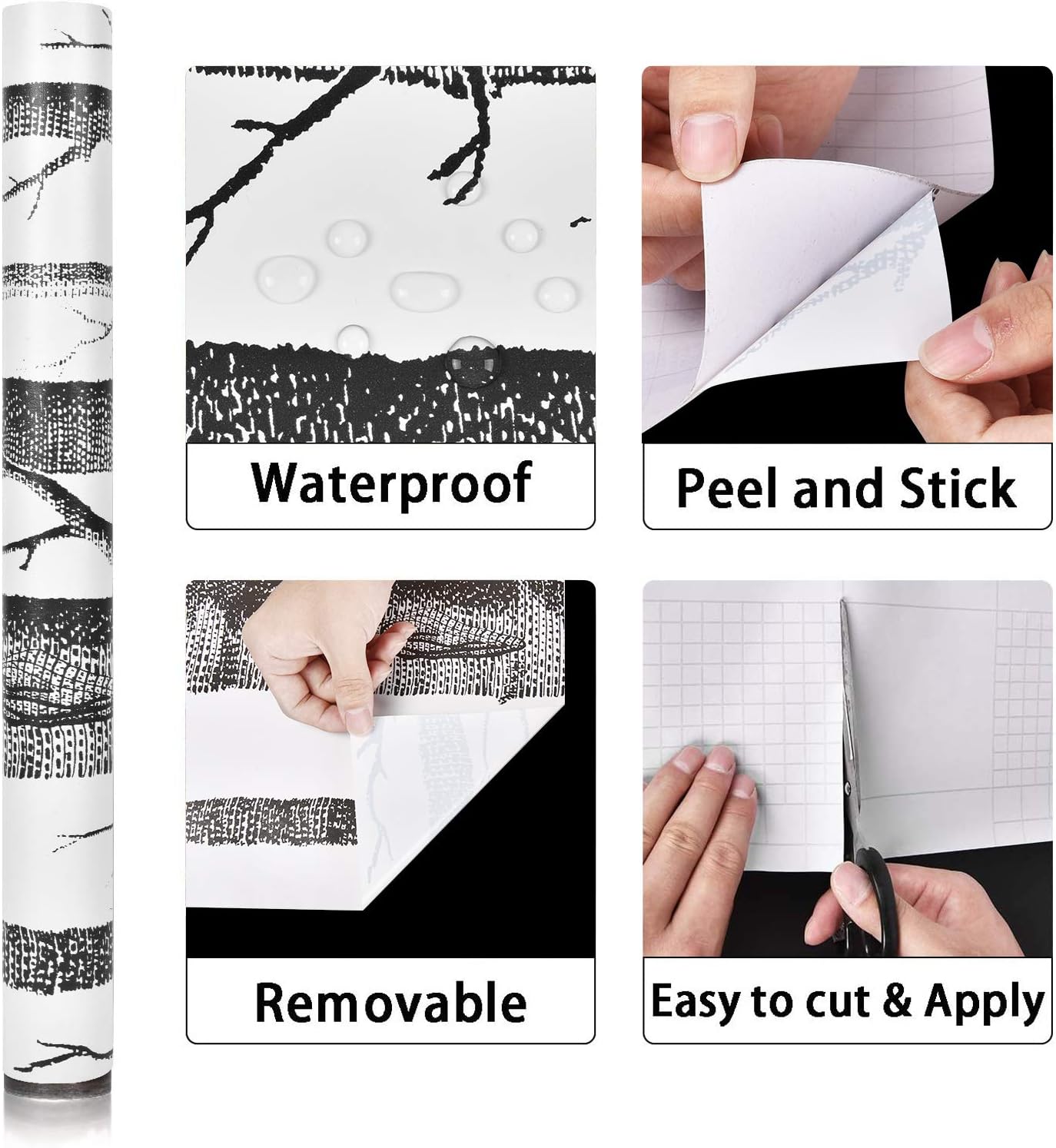 Peel and Stick Birch Tree Wallpaper - Black Trunk, Self Adhesive, Waterproof, Removable - Ideal for Bedroom, Living Room, Shelf Décor - 17.71" x 78.7