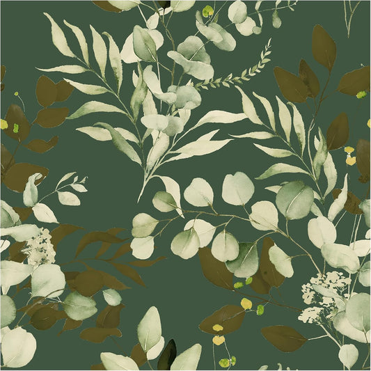 Peel and Stick Boho Sage Green Eucalyptus Leaf Floral Wallpaper Mural - Renter Friendly Home Decor