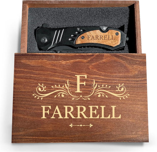 Personalized Engraved Pocket Knife for Men with Wooden Box - Custom Gift Idea