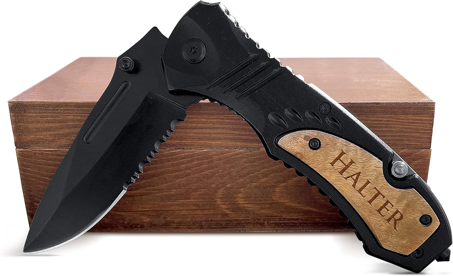 Personalized Engraved Pocket Knife for Men with Wooden Box - Custom Gift Idea