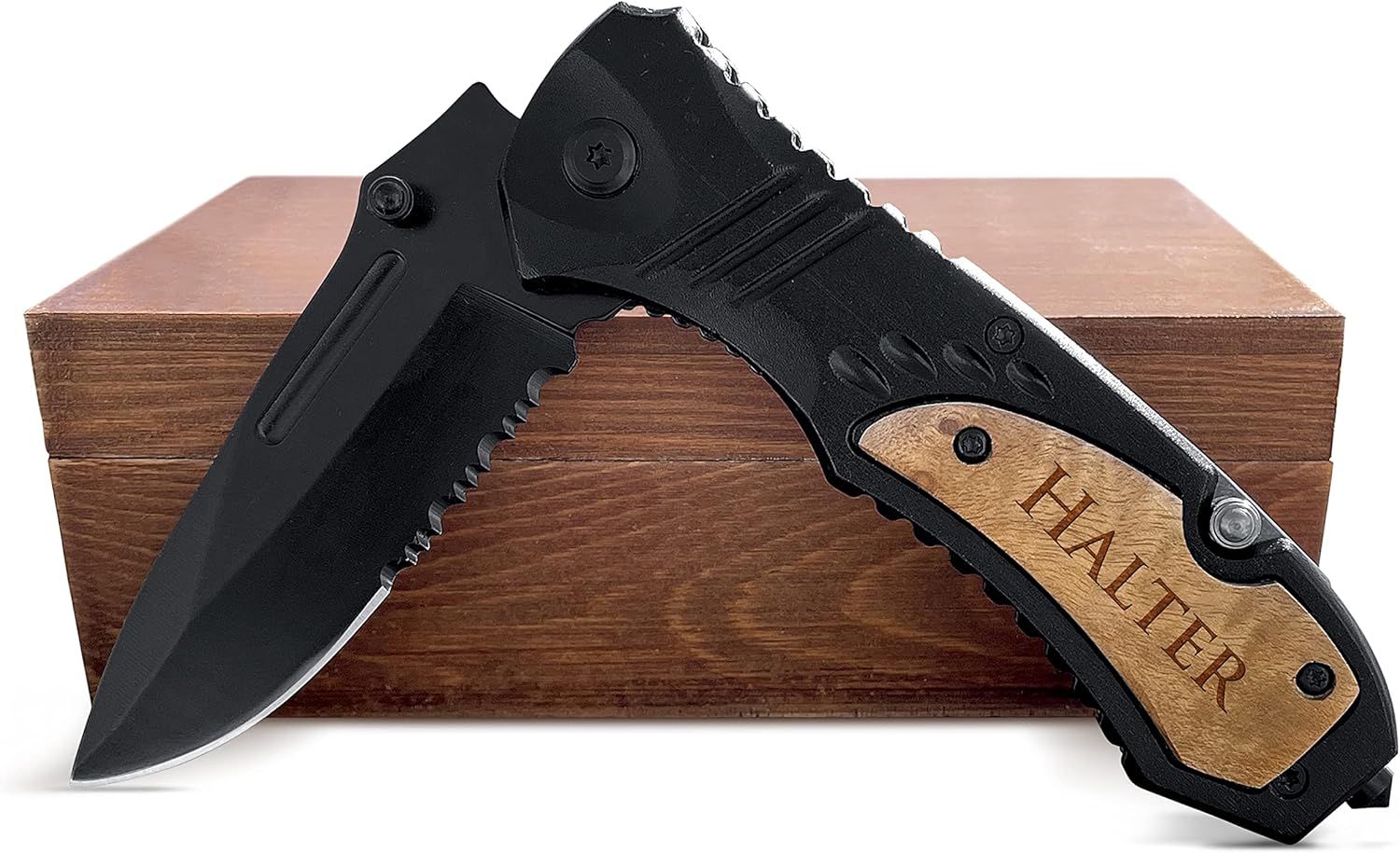 Personalized Engraved Pocket Knife for Men with Wooden Box - Custom Gift Idea