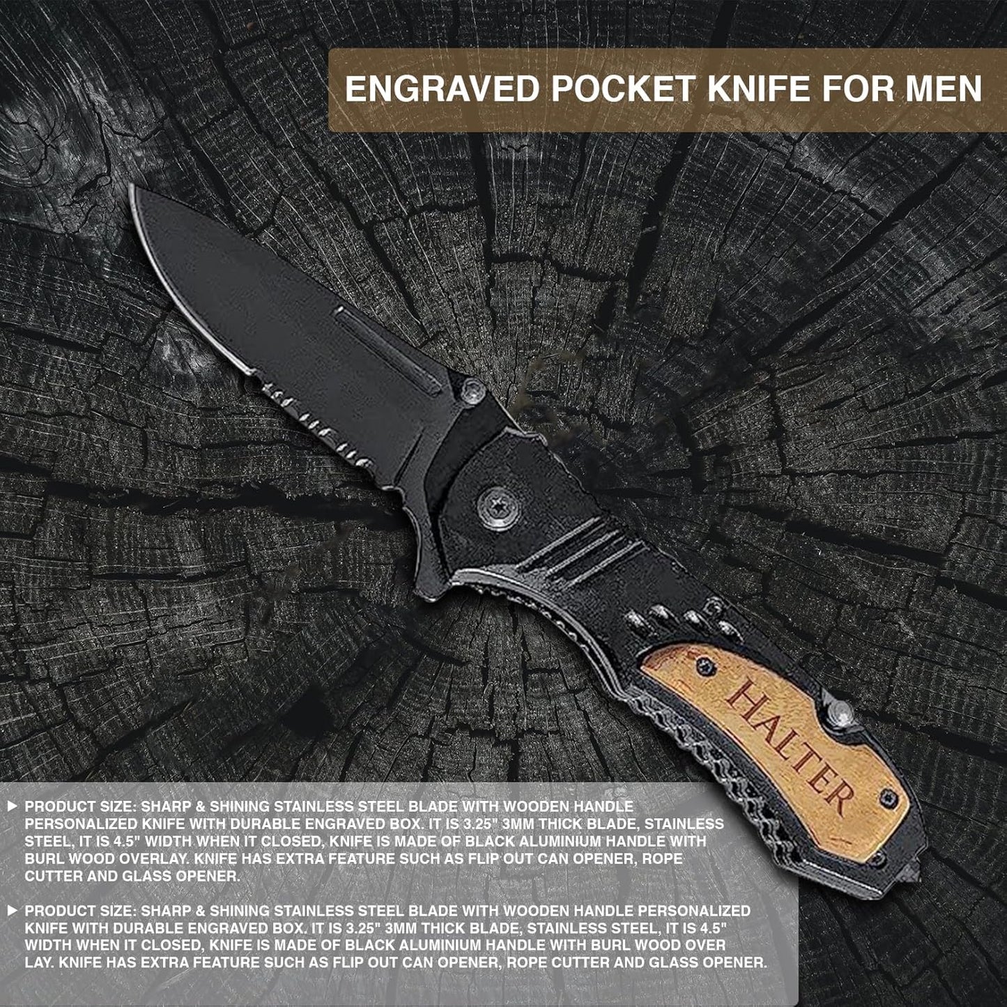 Personalized Engraved Pocket Knife for Men with Wooden Box - Custom Gift Idea