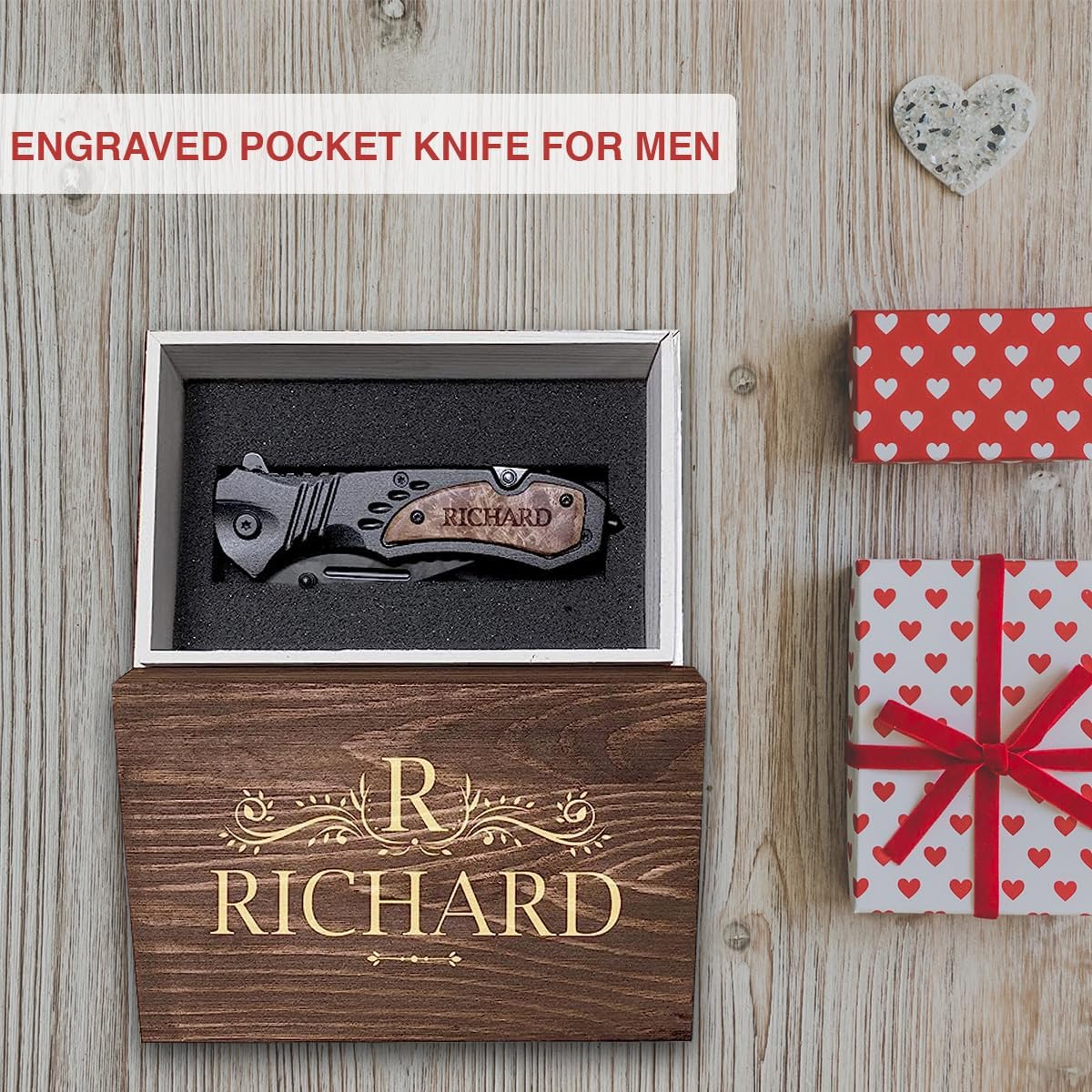 Personalized Engraved Pocket Knife for Men with Wooden Box - Custom Gift Idea