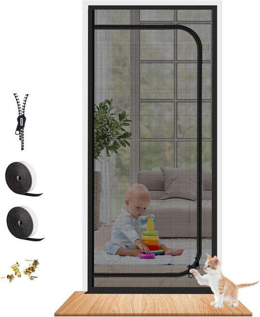Pet Screen Door with Zipper Closure & Cat Resistant Mesh - Upgraded Design for Living Room, Bedroom, Patio - Scratch Proof - Fits Doors up to 35''x 80'' - Black
