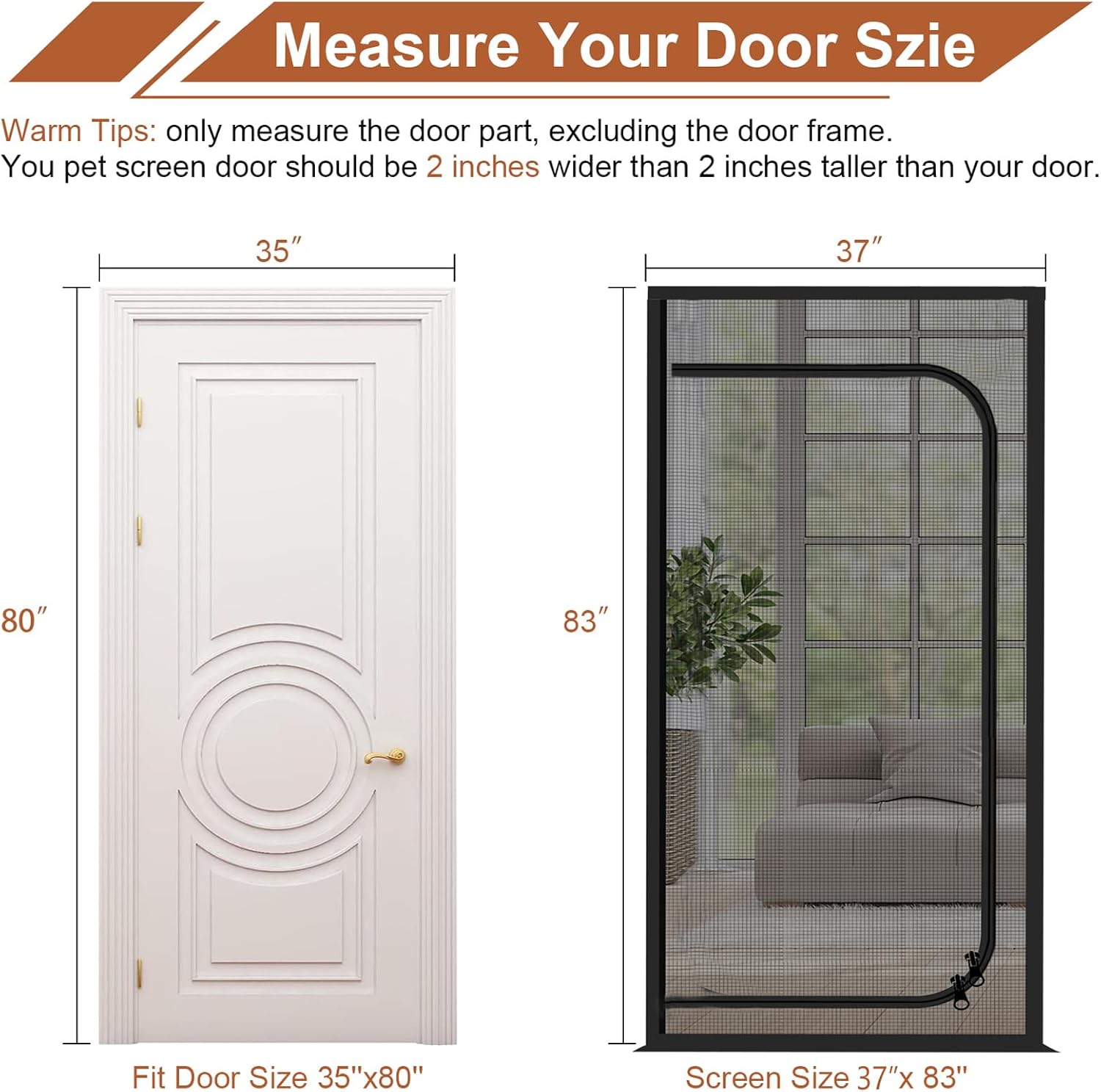 Pet Screen Door with Zipper Closure & Cat Resistant Mesh - Upgraded Design for Living Room, Bedroom, Patio - Scratch Proof - Fits Doors up to 35''x 80'' - Black