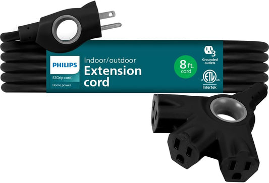 Philips 8 Ft Heavy Duty Outdoor Extension Cord with Multiple Outlets, Grounded 3 Prong, Short Indoor Extension Cord, 16 AWG - Black