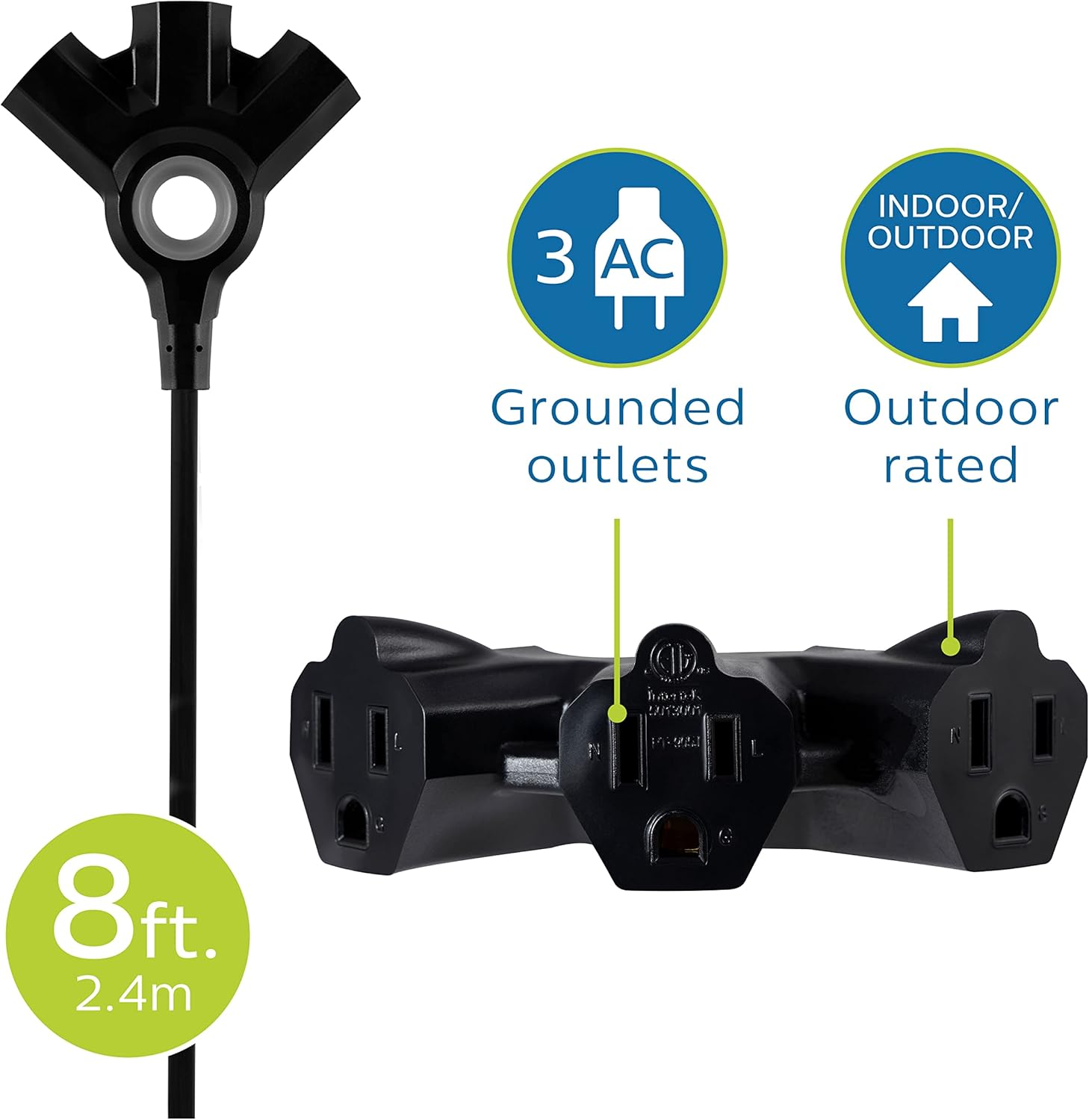 Philips 8 Ft Heavy Duty Outdoor Extension Cord with Multiple Outlets, Grounded 3 Prong, Short Indoor Extension Cord, 16 AWG - Black