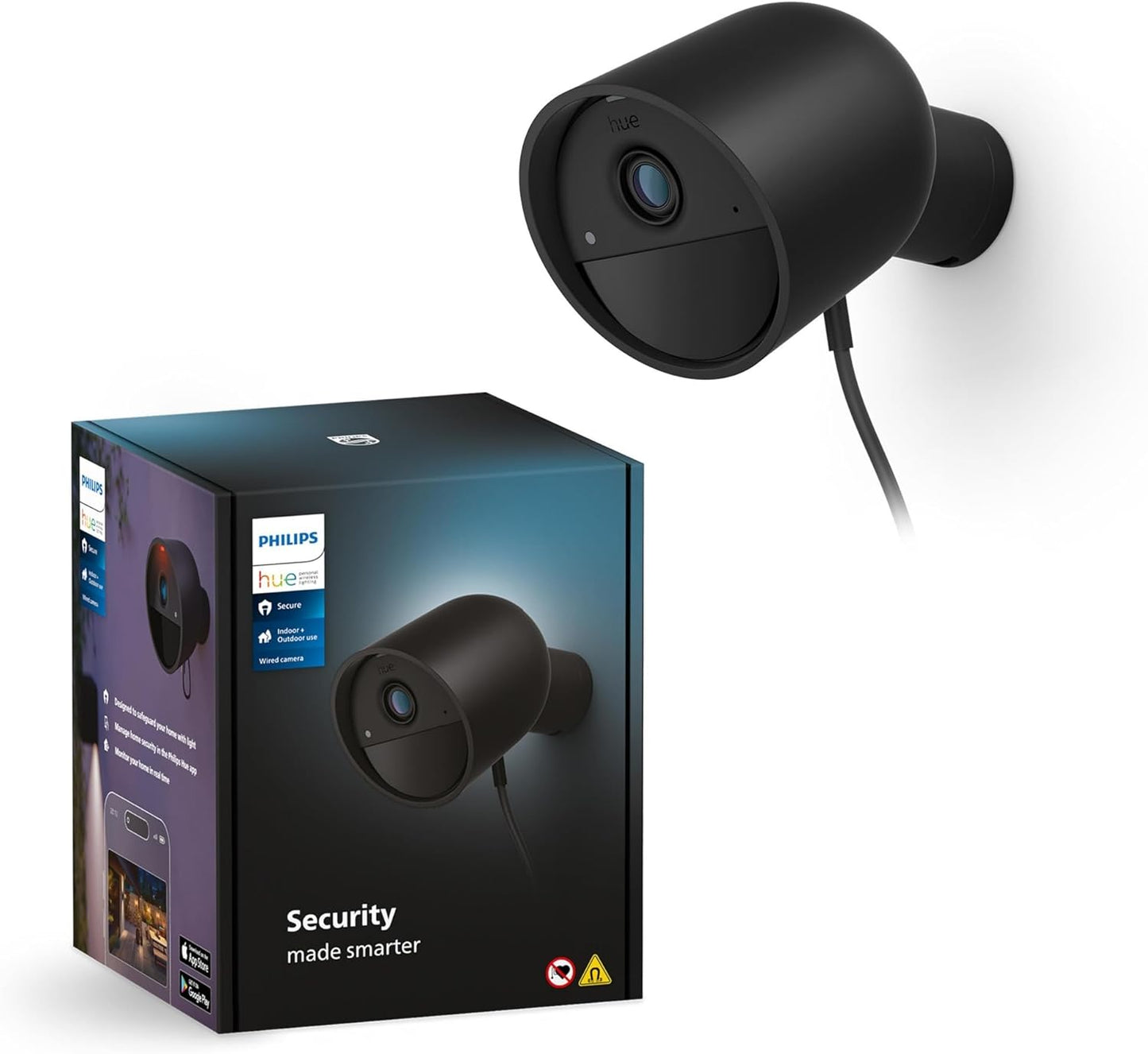 Philips Hue Wired Smart Home Security Camera in Black - 1080P HD Video with Night Vision and Motion Detection - Indoor/Outdoor Weatherproof - Two-Way Talk - Works with Hue App