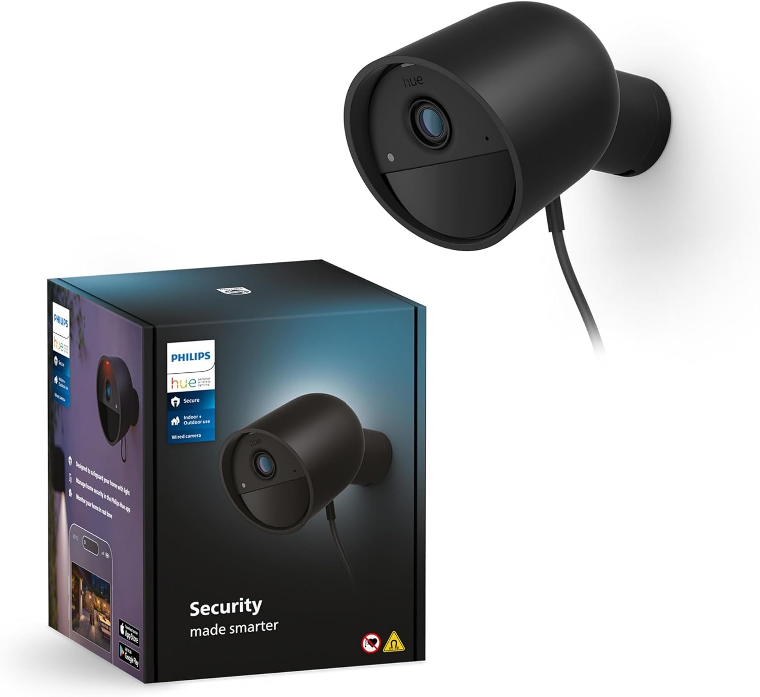 Philips Hue Wired Smart Home Security Camera in Black - 1080P HD Video with Night Vision and Motion Detection - Indoor/Outdoor Weatherproof - Two-Way Talk - Works with Hue App