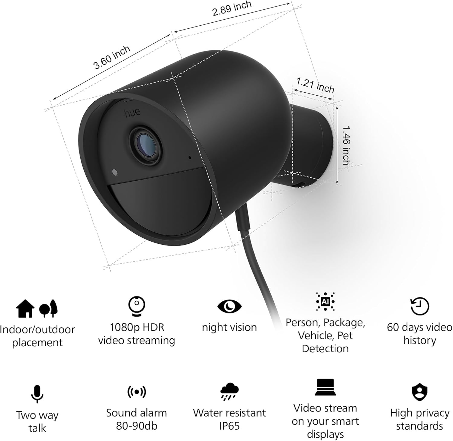 Philips Hue Wired Smart Home Security Camera in Black - 1080P HD Video with Night Vision and Motion Detection - Indoor/Outdoor Weatherproof - Two-Way Talk - Works with Hue App
